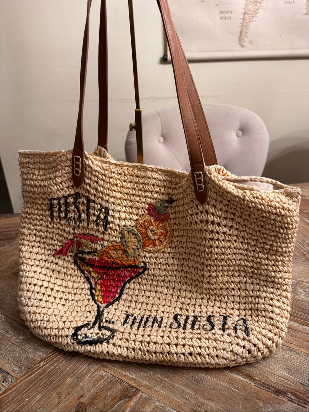 INC Woven Straw Tote Bag with Cocktail Design - Natural